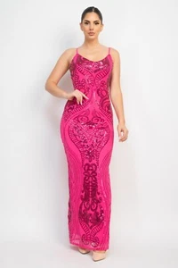 Elegant Long Dress With Hot Pink Sequins for Women's Parties Hot Pink size M - Picture 1 of 5