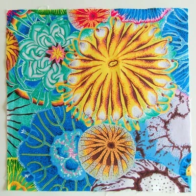 Cotton Fabric Pic B - Bright Colors Jelly Fish -  1 Piece 10 3/8" L x 10 3/8" W - Image 1 of 2