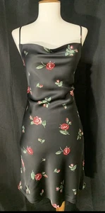 BP. Black Red Rose Spaghetti Strap Scoop Neck Silk-Like Flowy Dress XS NWOT - Picture 1 of 10