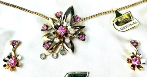 Pink Rhinestone Necklace Pin Earring Set Original Anthony Box - Picture 1 of 11