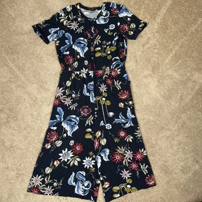 Mono Ann Taylor Mujer 12 Azul Marino Floral Pierna Ancha Gaucho Recortado Bohemio Fluido Foto 1 de 4