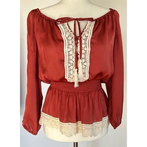 Vintage Bebe Satin Lace Trim Top Size S Cold Shoulder Romantic Y2K Crochet - Picture 1 of 11
