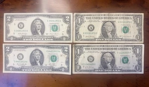 🎂 BIRTHDAY NOTES! $1 One Dollar & $2 Two Dollar Lot Fancy Serial Number FRN - Picture 1 of 2