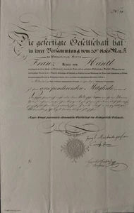 Sociedad económica patriótica certificado de admisión Franz Ritter von Heintl Pra - Imagen 1 de 3