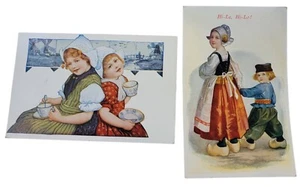 2 Ansichtskarten Holländische Kinder Niederlande Windmühlen blau-weiß bunt um 1910  - Bild 1 von 10