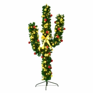 Costway 6Ft Pre-Lit Cactus Artificial Christmas Tree w/ LED Light Ball Ornaments - Picture 1 of 8