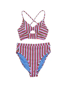 Jessica Simpson Got The Groove Multi Striped Halter High Waist Bikini Size Small - Picture 1 of 4