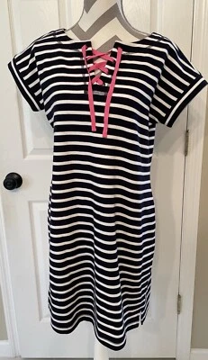 Talbots Cotton Stripe Terry Dress Navy Pink Tie Up Size PM Nautical - Image 1 of 4