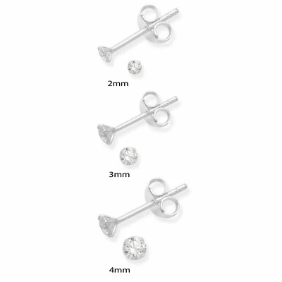 Argento Sterling 2mm 3mm 4mm Trasparente Rotondo 4 Claw Zircone Cubico Orecchini - Immagine 1 di 4