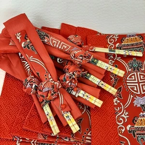 NEW Chinese Red Silk Placemat Set with Chopsticks Serving Dinner Kit for 6 Asian - Picture 1 of 10