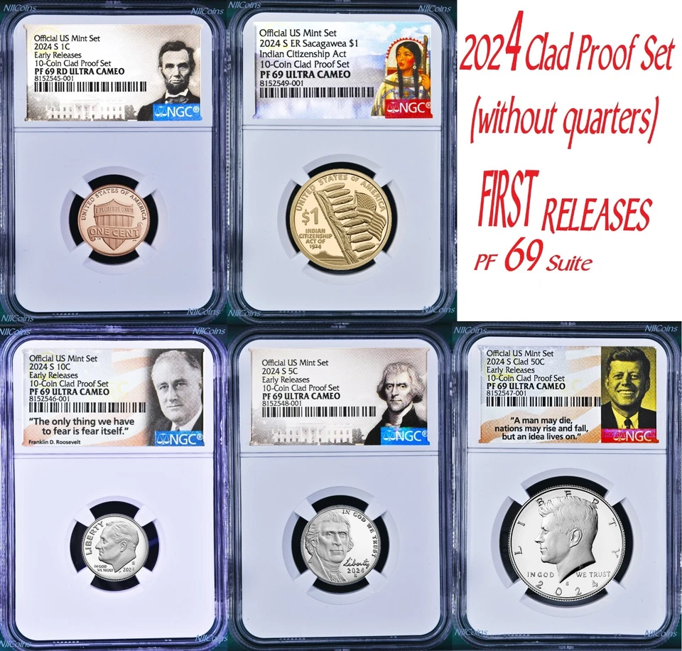 2024 US Mint 5 Coin Clad Proof SET Dime Cent Nickel $1 50c NGC PF69 ER SAME END# - Image 1 of 1