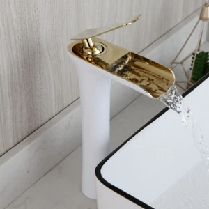Rubinetto miscelatore beccuccio largo cascata lavabo bianco bagno attacco a ponte rubinetti ottone - Foto 1 di 6