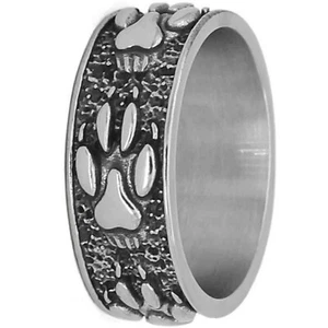 Paw Print Ring Silver Stainless Steel Wolf K9 Dog Band Pet Memorial Jewelry - Picture 1 of 5