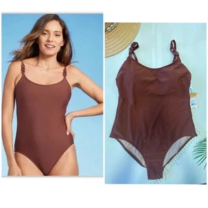 Women's Chain Link Medium Coverage 1 Piece Swimsuit Kona Sol Brown Size Large - Picture 1 of 11
