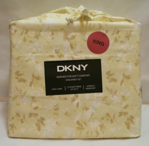 DKNY King Sheet Set Yellow on Yellow Floral 100% Polyester Machine Washable New - Picture 1 of 3