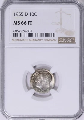 Moneda de diez centavos Roosevelt 1955-D NGC MS 66 FT ~ antorcha completa plateada 10c Foto 1 de 2