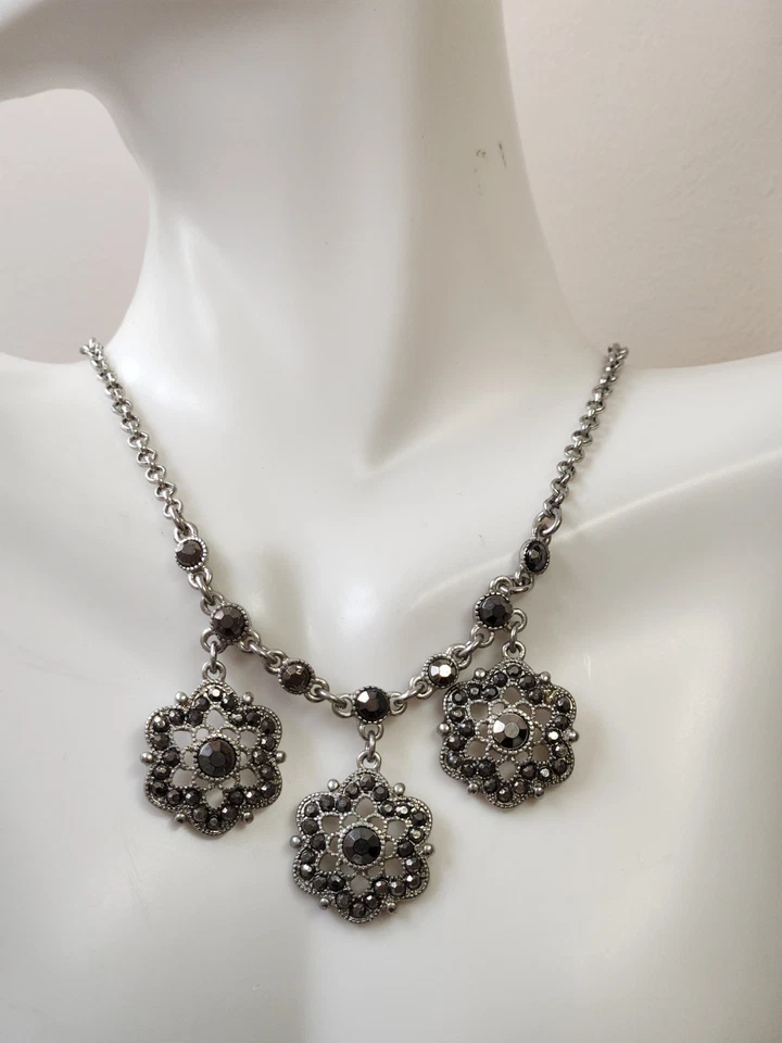 Филигранный черный цветок марказит подвеска серебро Rolo цепочка ожерелье Liz Claiborne - Изображение 1 из 4