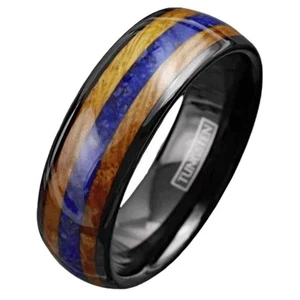 Men's Wedding Band Rings - Black Blue Lapis Lazuli & Whiskey Barrel - Wedding Ri - Picture 1 of 10