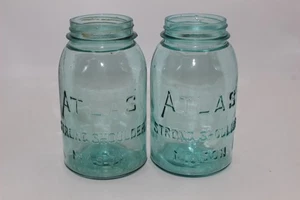 2 VINTAGE ATLAS STARKE SCHULTER 1 QUART BLAU GLAS EINMACHGLÄSER F - Bild 1 von 2