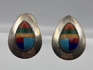 Vintage Indianer Sterlingsilber Träne Ohrringe mit mehrfarbigem Inlay - Bild 1 von 7