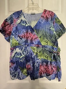 WS Gear Scrub Top Size XL-VIBRANT Blue/Green/Wine Mock Wrap-Chest 24.5"/L 26.5" - Picture 1 of 5