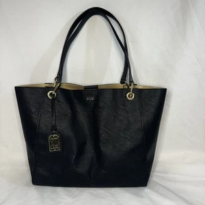 LAUREN by Ralph Lauren Tote bag Pebbled Black Gold Interior Old Money Preppy - Picture 1 of 18