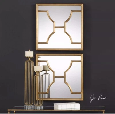 SET 2 MISA XXL 24" ANTIQUED GOLD LEAF METAL MODERN WALL ART MIRRORS UTTERMOST - Image 1 of 4