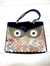 Kate Spade Women's Owl Top Handle Bag Handbag Leather Black Silver Bronze Auth