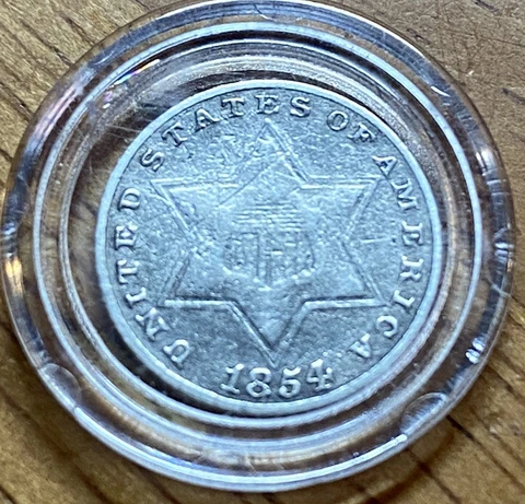 1854 Three Cent Silver Piece In Capsule Cover