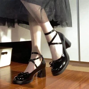 Zapatos de tacón bloque Lolita para mujer dulces lazos correa cruzada Mary Jane vestir zapatos de salón - Imagen 1 de 7