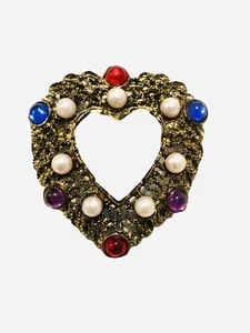 Vintage Look Heart Brooch/Pin Gold Tone Faux Pearl Red Blue Purple Stones Cutout - Picture 1 of 5