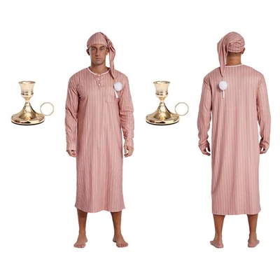 US Mens Long Sleeve Loose Striped Nightshirt with Sleep Cap Candle Holder Pajama - Image 1 of 2