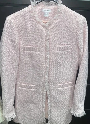 Jaqueta blazer longa Venus tamanho 4 rosa pálido franja de tweed 3 ganchos e olhos forrada na parte superior - Imagem 1 de 4