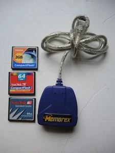 Memorex Compact Flash Card Reader Plus (3) Cards- One Card 2GB Two 64 MB cards - Picture 1 of 2
