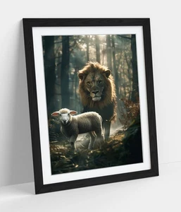 REALISTIC LION AND SHEEP IN FOREST -FRAMED WALL ART POSTER PAPER PRINT - Picture 1 of 10