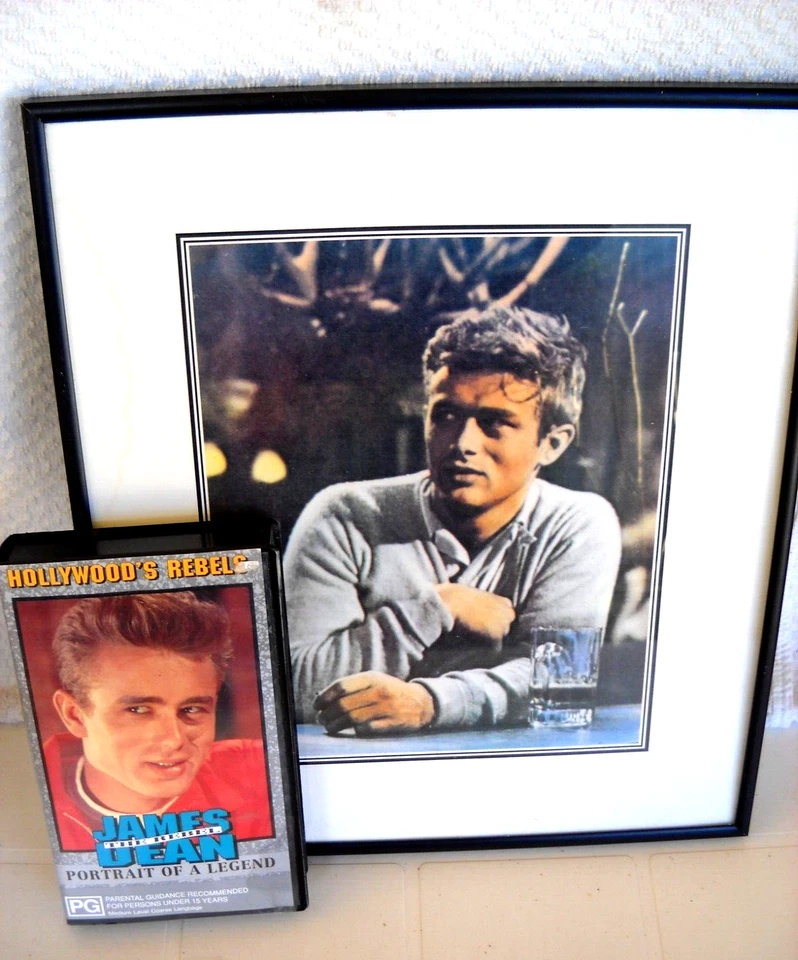 **FRAMED JAMES DEAN COLOUR PRINT 29cmx25cm & VIDEOTAPE JAMES DEAN THE REBEL** - Image 1 of 4