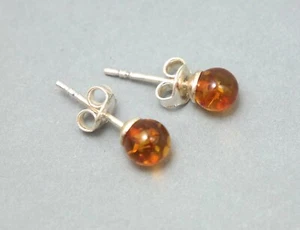 925 Sterling Silver 5mm AMBER Bead Ball Studs Earrings - Picture 1 of 5