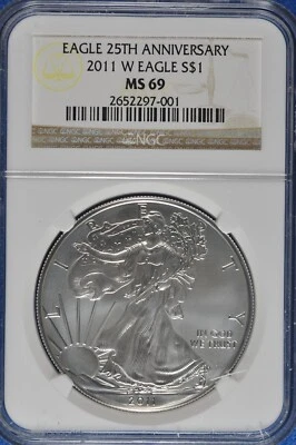 2011 W Burnished 1 OZ Silver American Eagle NGC MS 69 25th Anniversary - Image 1 of 2