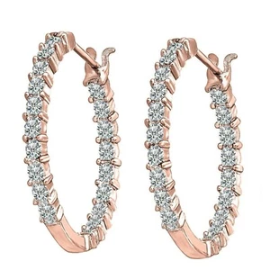 Redondo Diamante Transparente 14CT Chapado en Oro Rosa Interior Aro Pendientes - Imagen 1 de 2