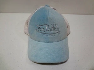 Von Dutch Light Blue Velvet Snapback Hat Trucker Mesh Back Rhinestones Spellout - Picture 1 of 5
