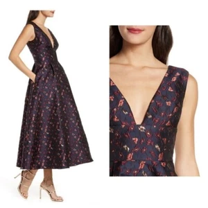 ML Monique Lhuillier size 16 v-Neck Floral Embroidered Jacquard Gown $595 - Picture 1 of 8
