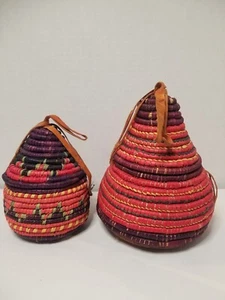 Vintage Lot 2 Hand African Lidded Baskets Leather Straps & Bottom Bright Colors - Picture 1 of 15