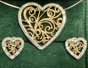 9ct Yellow & White Gold Heart Necklace With Diamonds And Matching Stud Earrings - Picture 1 of 4