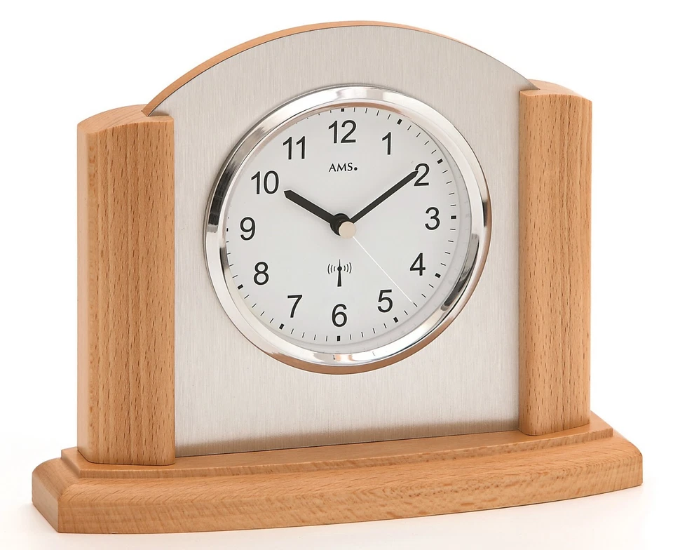 AMS 5123/18 Tischuhr Funk Funktischuhr analog modern Holz Buche mit Aluminium - Bild 1 von 1