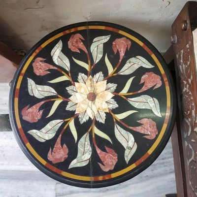 12" Stone marble round Coffee Table Top Unique Design Inlay Work Entryway Table - Image 1 of 4