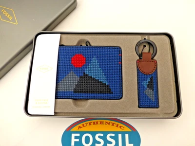 FOSSIL Mini Card Holder & Keyring Gift Set Mens Leather & Texture Fob & Wallet - image 1 of 4