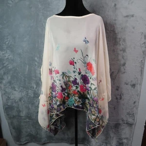Blumen Schmetterling Poncho Top Damen Einheitsgröße Creme Transparent Chiffon Boho Bluse - Bild 1 von 8