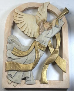 Arte de pared de madera tallada trompeta tocando ángeles vintage dorado crema gris 12"" - Imagen 1 de 10