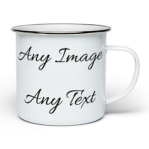 Personalised Any Image / Text Enamel Tin Novelty Gift Mug - White