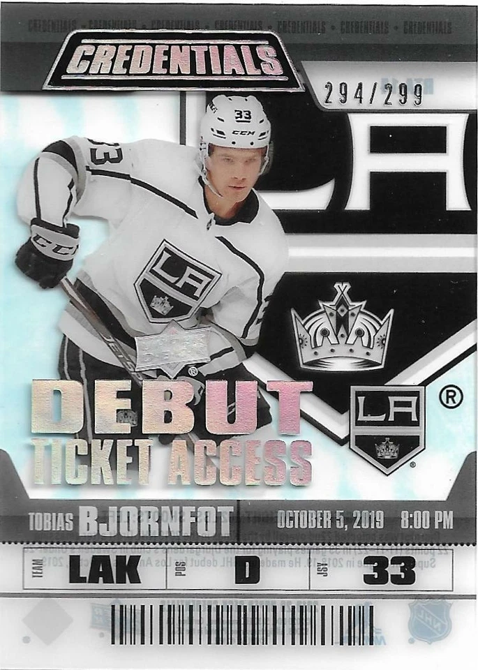 2019-20 CREDENTIALS DEBUT TICKET ACCESS ACETATE #RTA-14 TOBIAS BJORNFOT 294/299 - Image 1 of 1